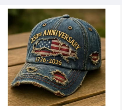 Distressed blue denim baseball cap featuring a torn american flag patch and embroidered 250th anniversary 1776-2026 text for america 250th anniversary celebration.