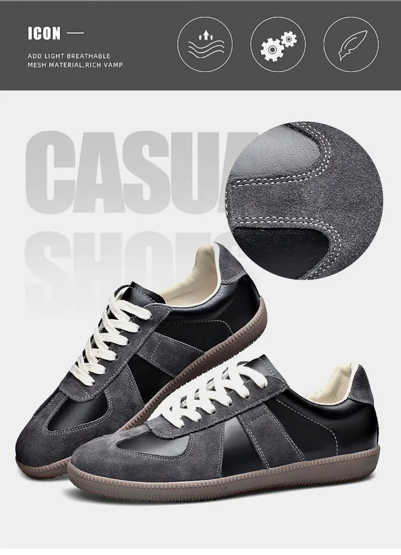 Deutsche Trainingsschuhe Herren aus Leder und Casual-Sneakern aus schwarzem und grauem Veloursleder sowie Leder mit weißen Schnürsenkeln und brauner Gummisohle.
