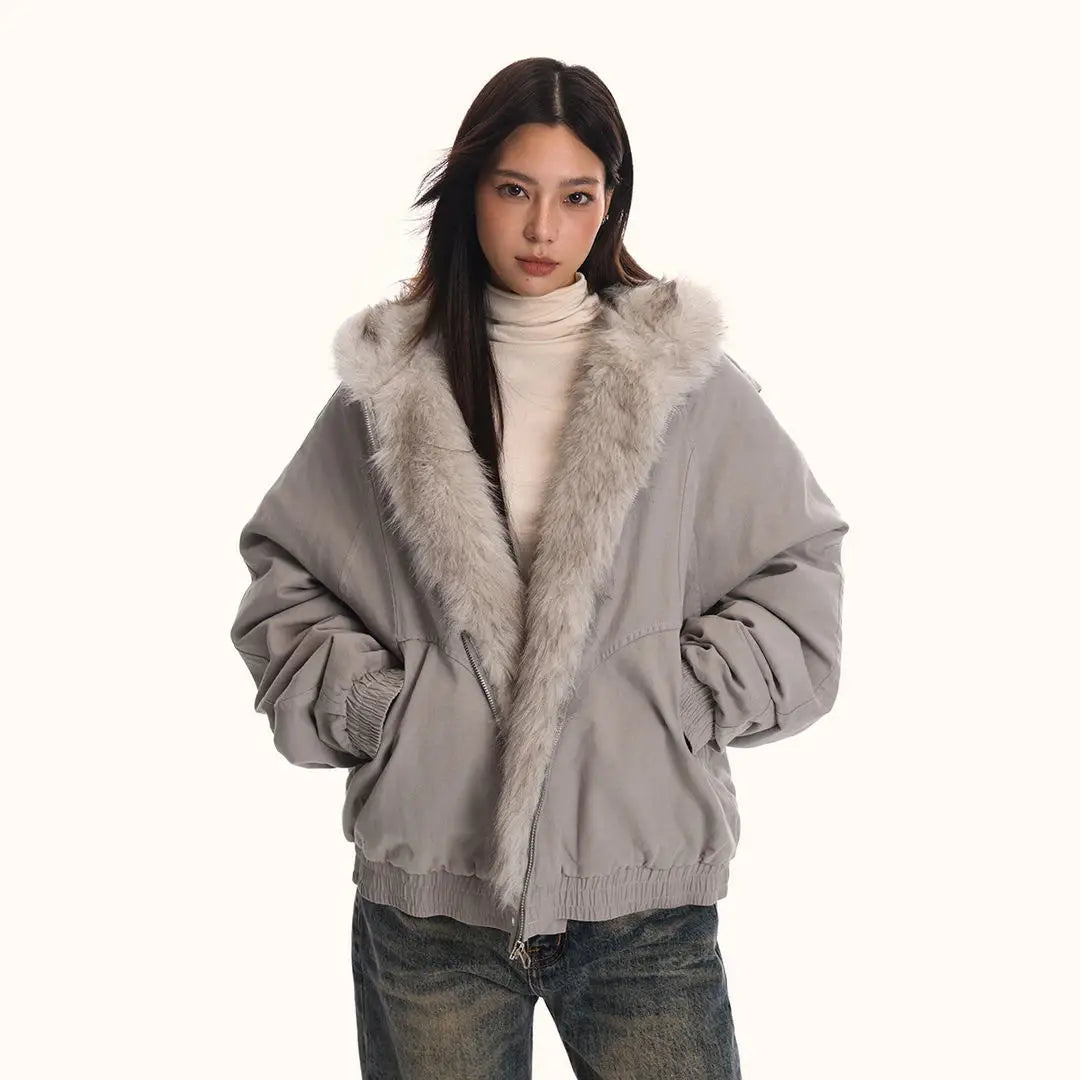 gray faux fur lined hooded winter bomber jacket with plush light gray faux fur hood and ribbed cuffs