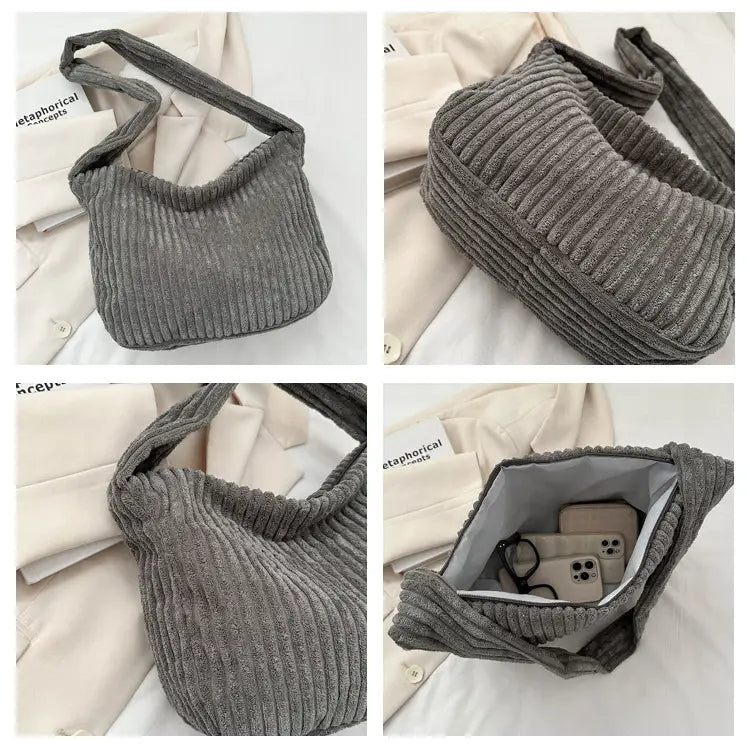Grau-schattierter Corduroy-Schulterbeutel mit weicher gerippter Textur und passendem Trageriemen, ausgelegt für minimalistisches Streetwear.