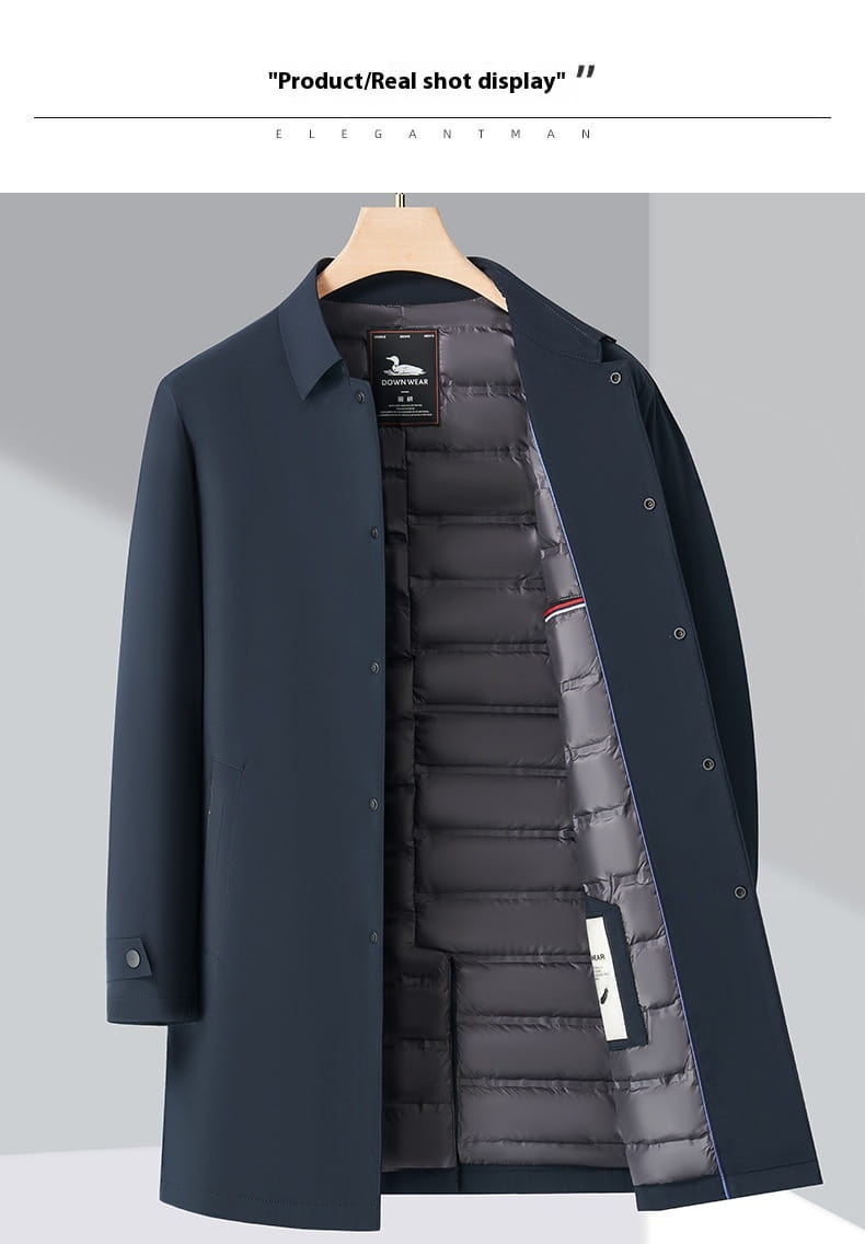 Dunkelblauer Herren-Winter-Daunenmantel mit wattierter Innenfütterung und modernem, elegantem Trenchcoat-Design.