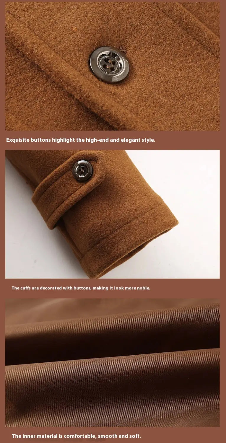 Men woolen coat zipper trench jacket in brown wool with silver toned buttons and soft comfortable inner lining.