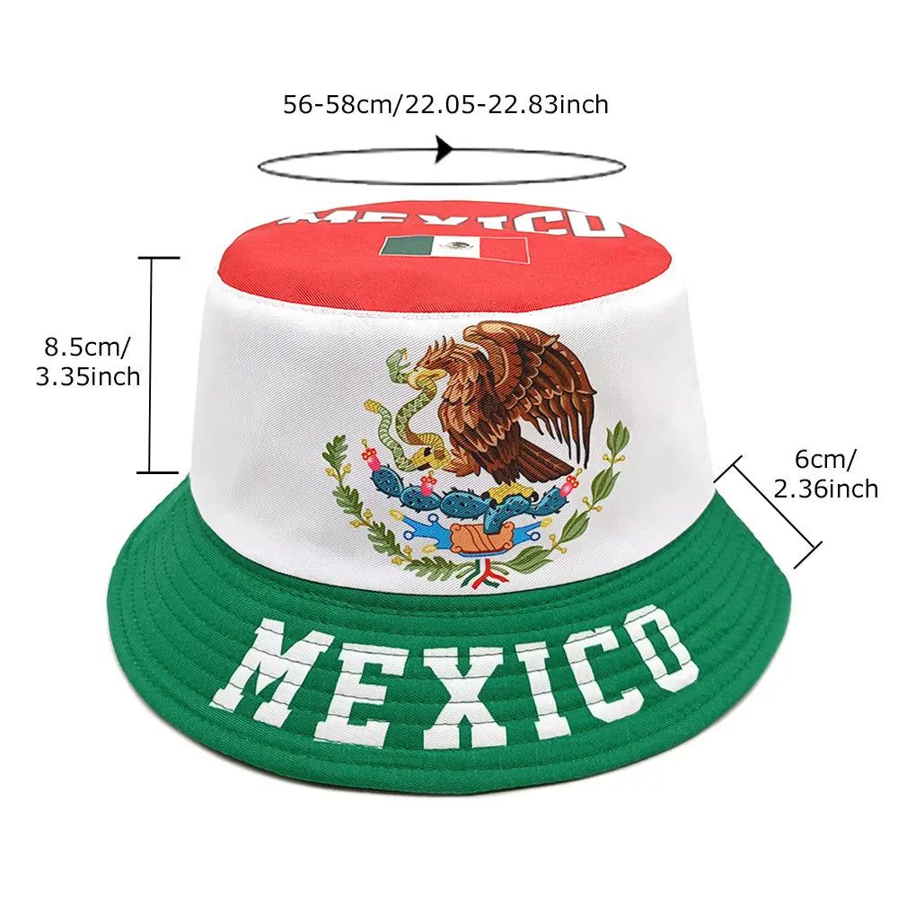 A vibrant mexico-themed bucket hat featuring the national flag’s red white and green colors with a detailed embroidered eagle emblem on the front designed for sun protection.