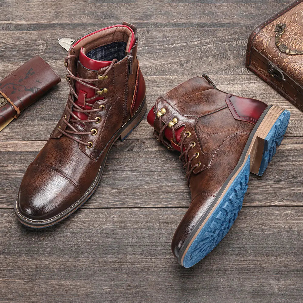 Brown leather men’s martin boots with red inner lining and blue rubber sole shown from the back side