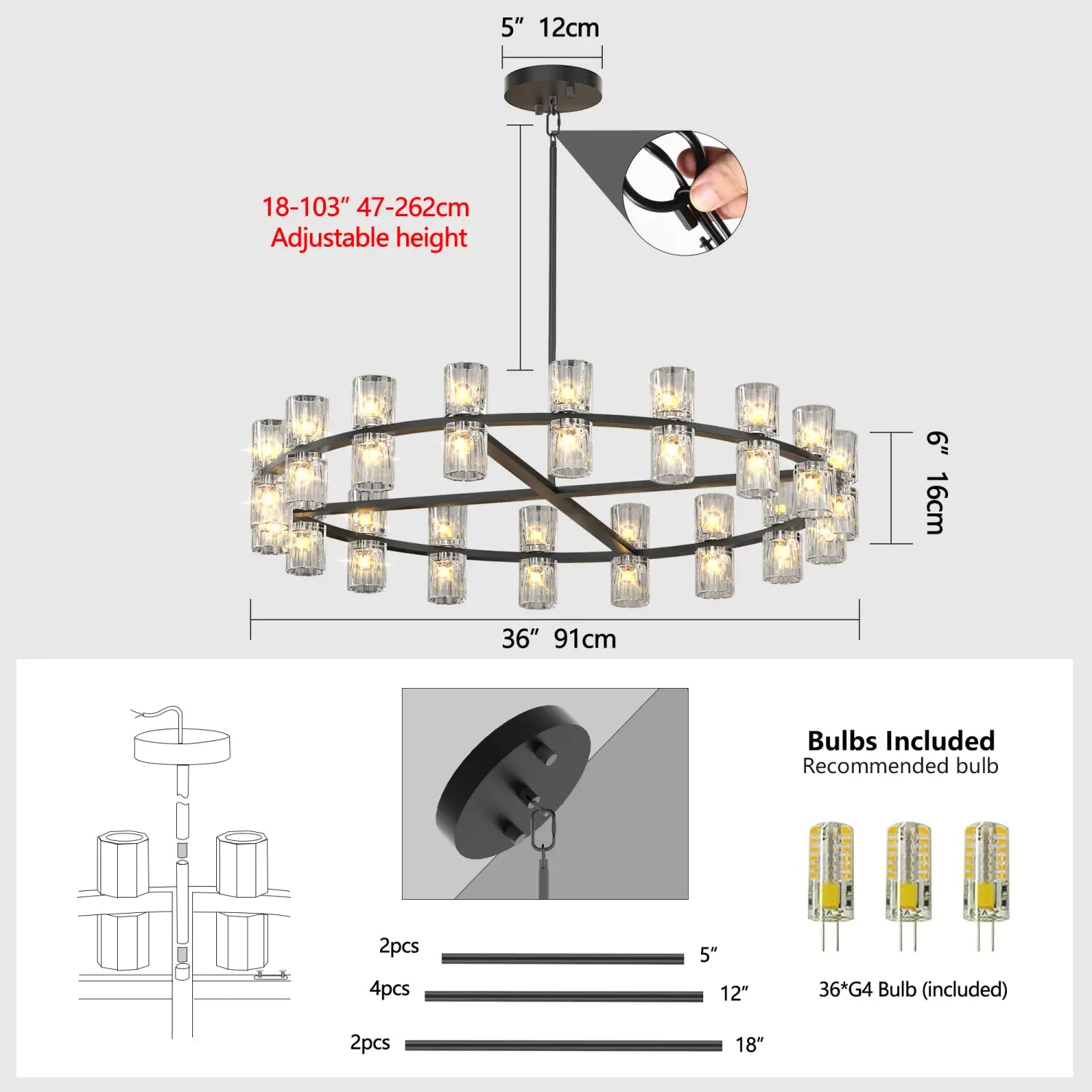 Lámpara de araña moderna de cristal con estructura metálica negra, que presenta dos aros concéntricos con bombillas tipo vela de vidrio transparente y un diseño de luz LED de doble aro en negro.
