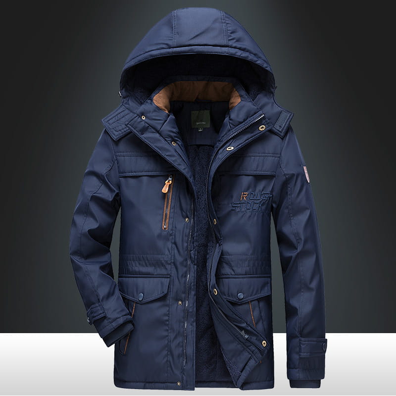 dark navy blue thick padded insulated winter parka jacket with hood front zipper closure and multiple pockets for cold weather use