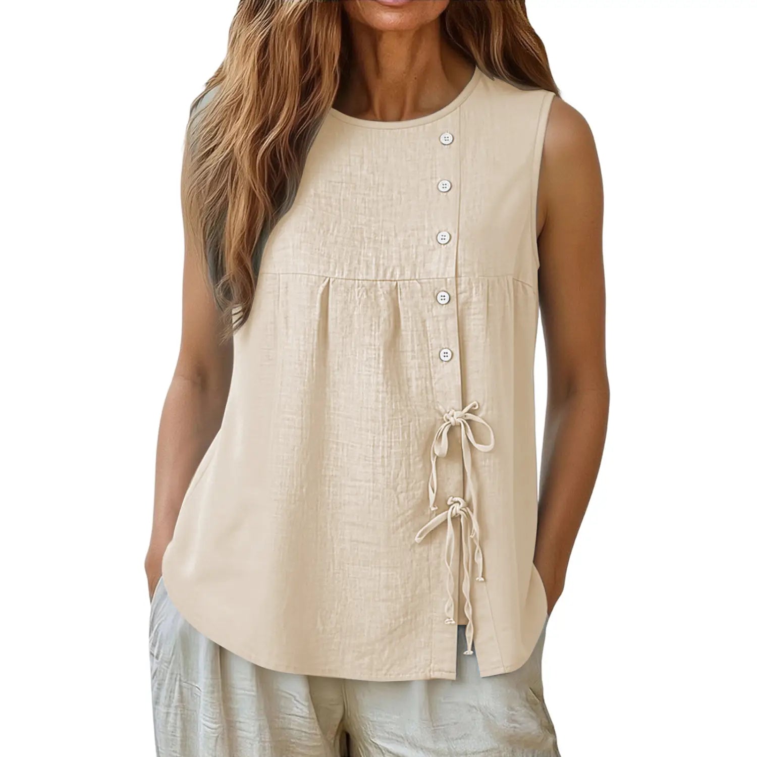 Beige sleeveless tie side button down blouse featuring front buttons and side ties suitable for casual and office wear.