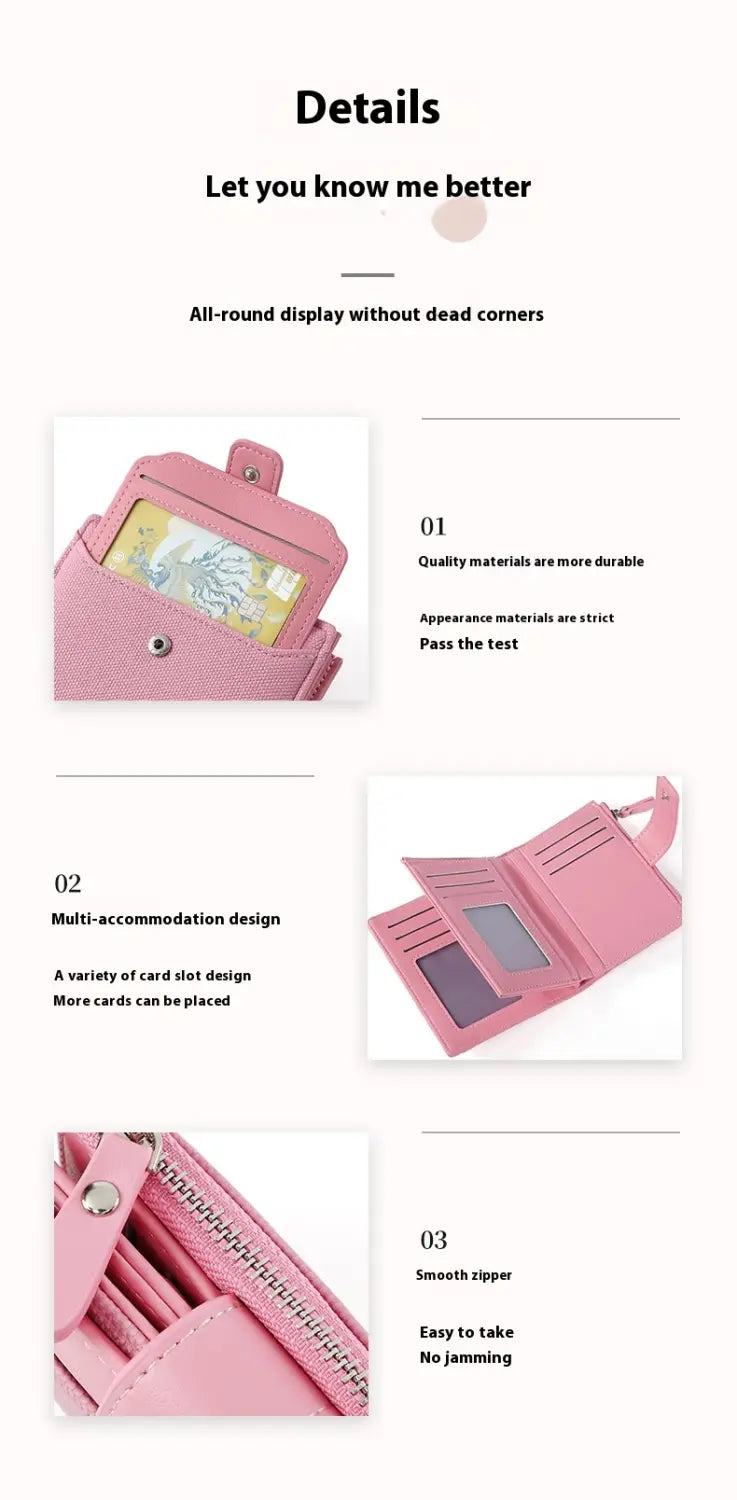 Leather wallet women’s short woven textured purse in pink with multiple card slots and a smooth zipper made of leather.