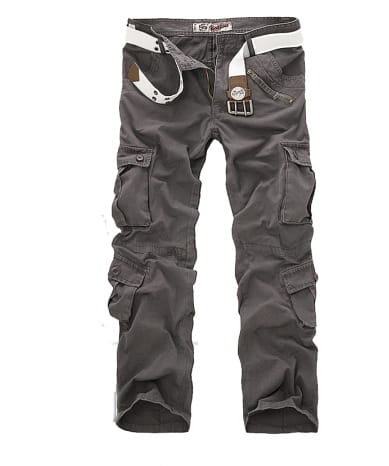 Dark gray camouflage cargo trousers for men featuring multiple pockets and a white belt loop detail.