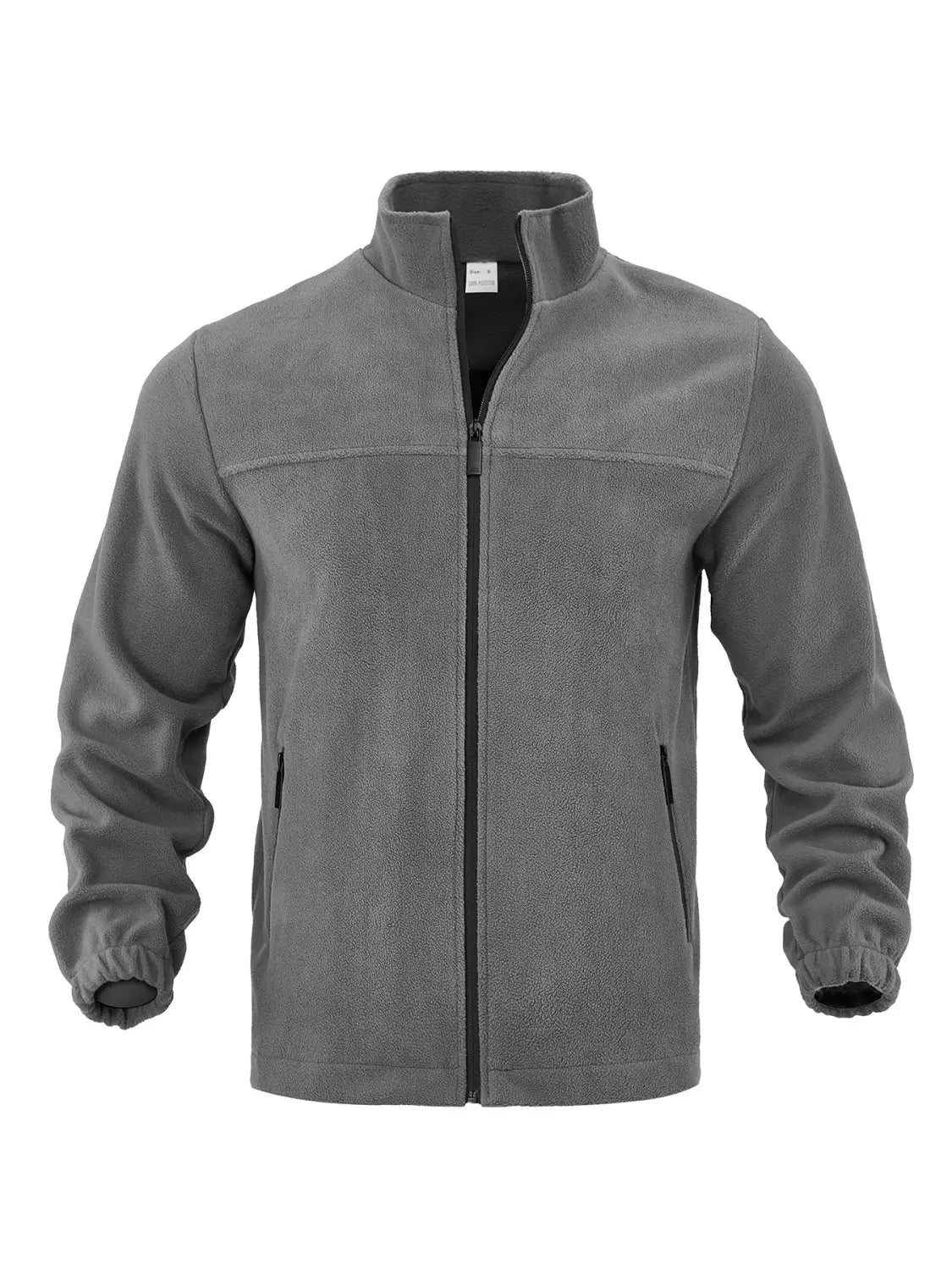 Chaqueta polar para hombre de cierre completo con cuello alto en color gris, con cremallera negra y bolsillos laterales, fabricada con material de forro polar suave.