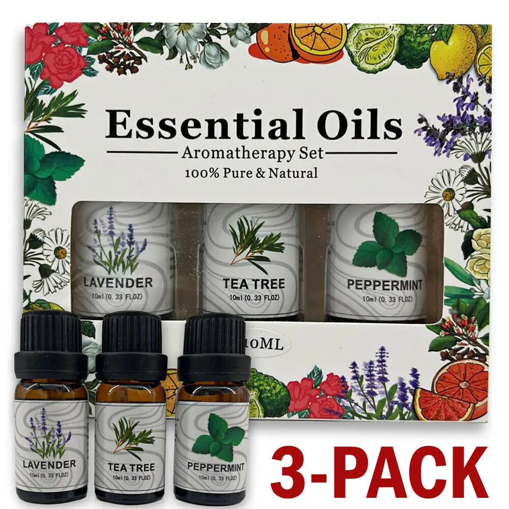 a 3-pack of essential oil bottles in amber glass with black caps and white labels featuring botanical illustrations labeled lavender tea tree and peppermint from the essential oil set lavender tea tree peppermint 3 pack