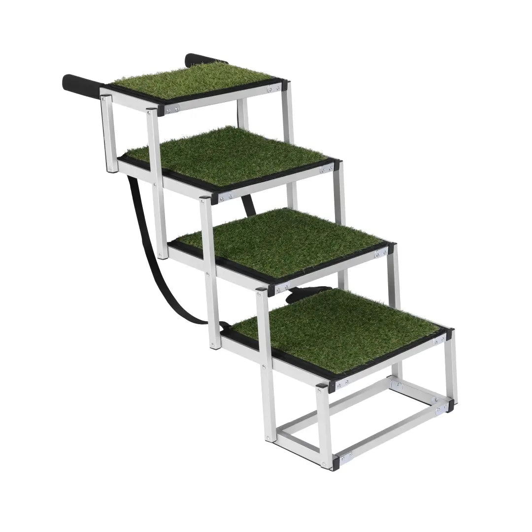 silver aluminum foldable dog ramp with four steps featuring green artificial grass and black trim designed for cars and suvs with 250lb capacity