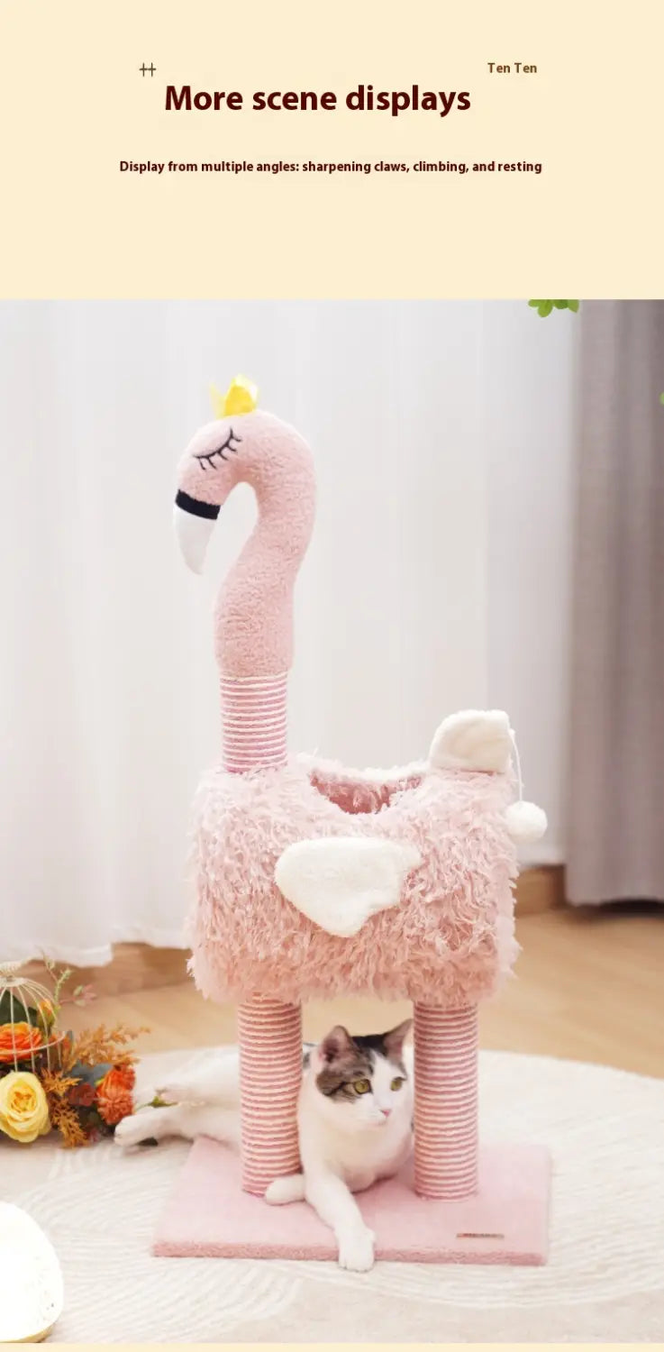 árbol para gato de peluche con forma de flamenco rosa, con cuerpo esponjoso, postes rascadores de sisal a rayas y detalles de corazón blanco, diseñado para el juego y el descanso felinos.