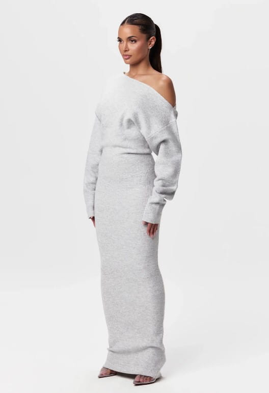 A sleek light gray off shoulder long sleeve knitted bodycon maxi dress with a fitted silhouette.