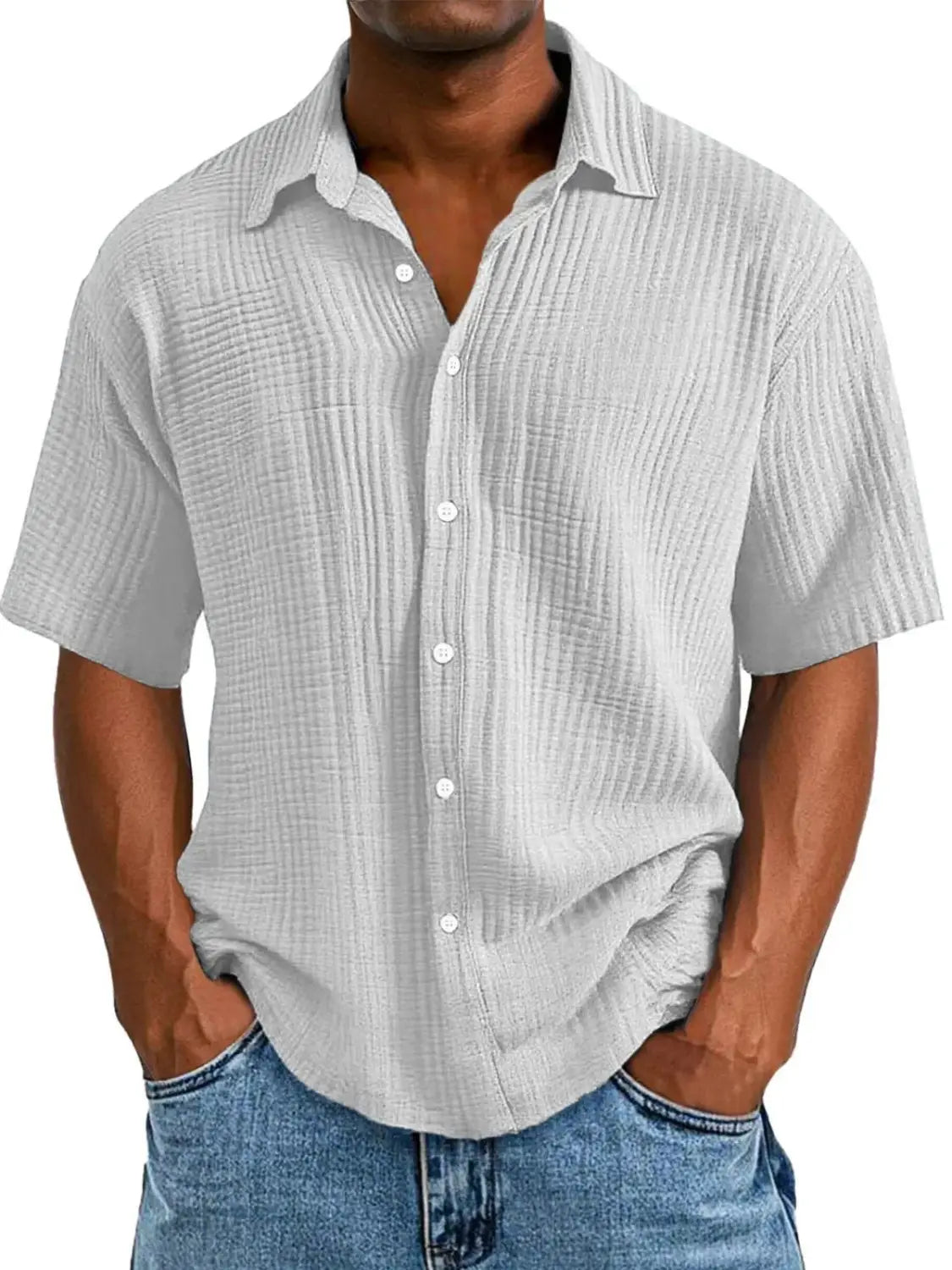 Men’s light gray short sleeve button up shirt with textured ribbed fabric and classic collar.