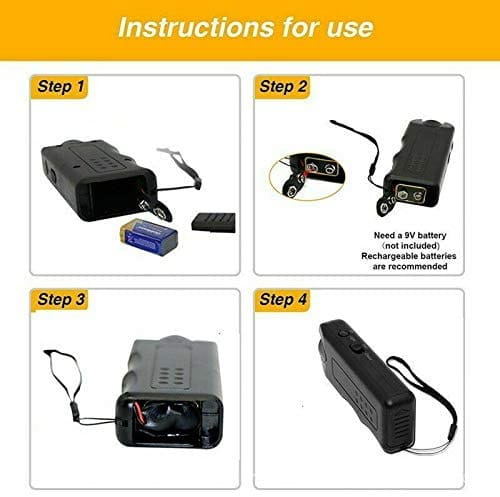 Black plastic stun gun with integrated wrist strap and textured grip surface for ultrasonic dog repeller and 3 in 1 training device.