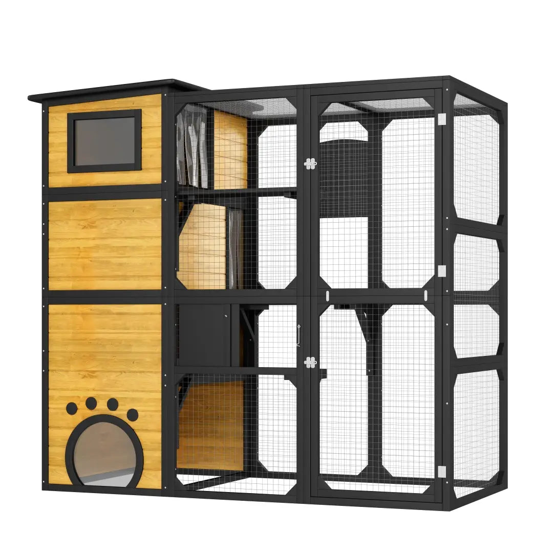 Large outdoor catio with four tiers made of black and light wood featuring mesh panels a paw print entrance and a small window.