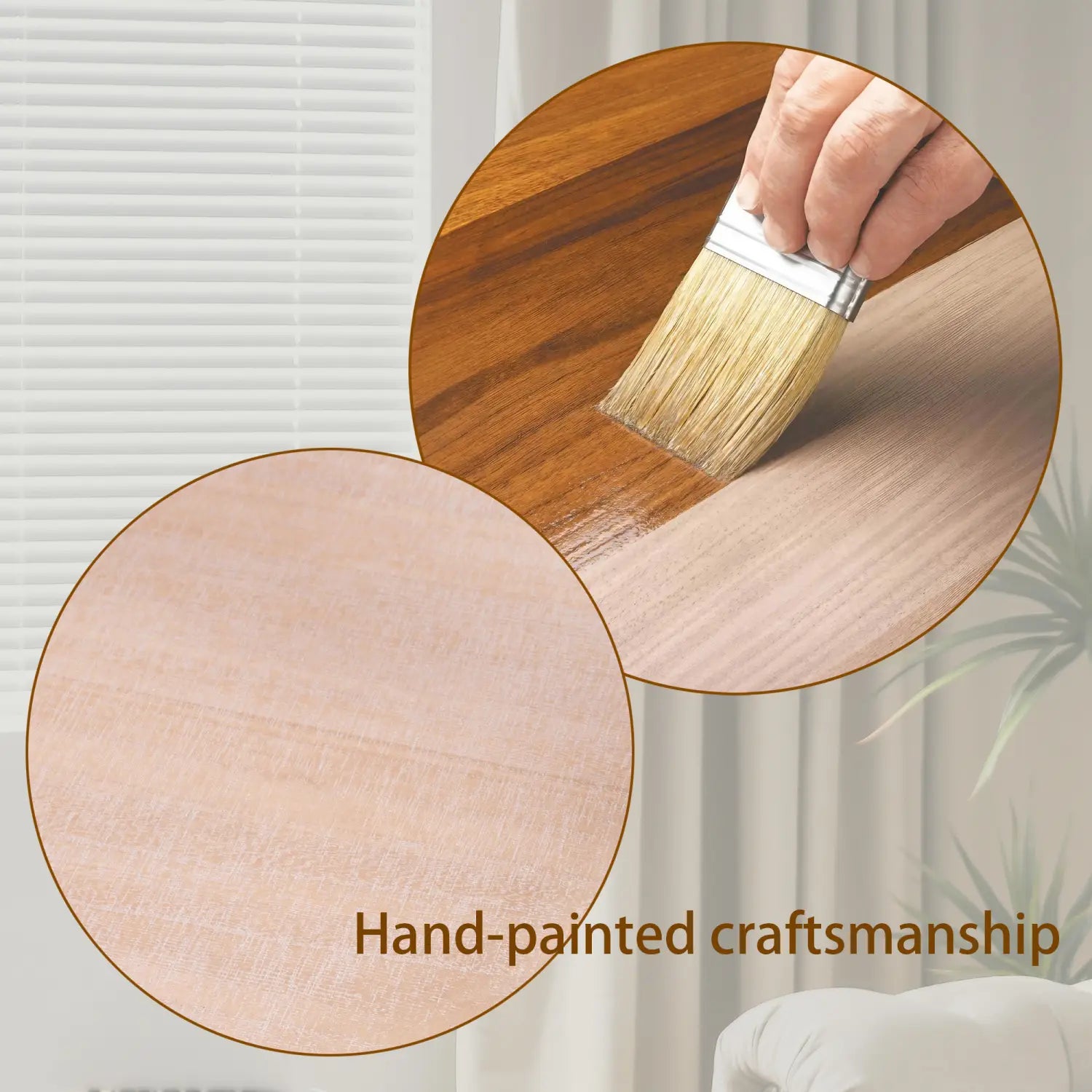 Un artesano aplica un acabado de madera marrón brillante y rico con un pincel para revelar la veta natural de una madera dura de color claro en una mesa de centro redonda de 31 pulgadas con acento natural en dos niveles.