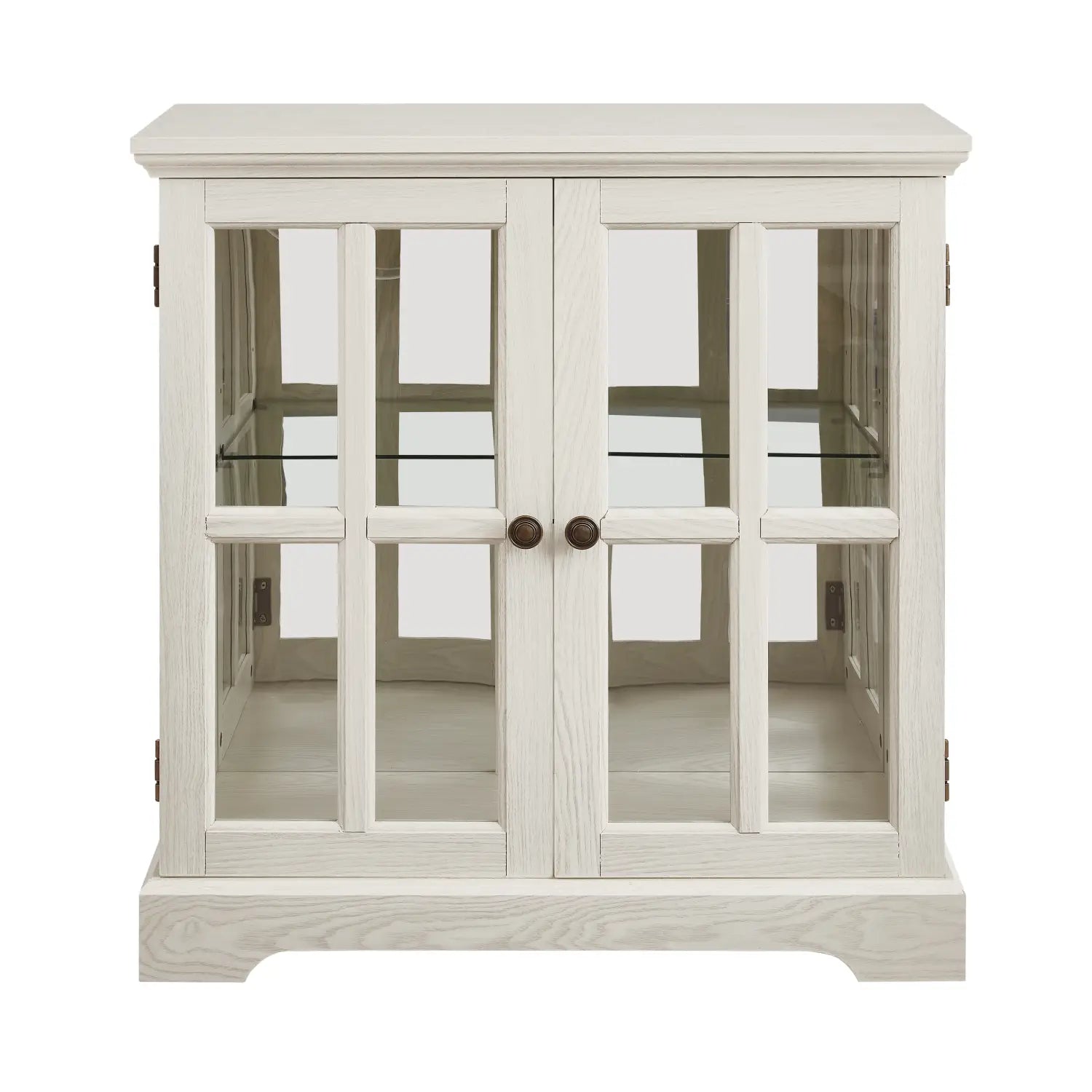 white distressed wood led curio display cabinet with glass-paneled lattice doors and dark bronze knobs