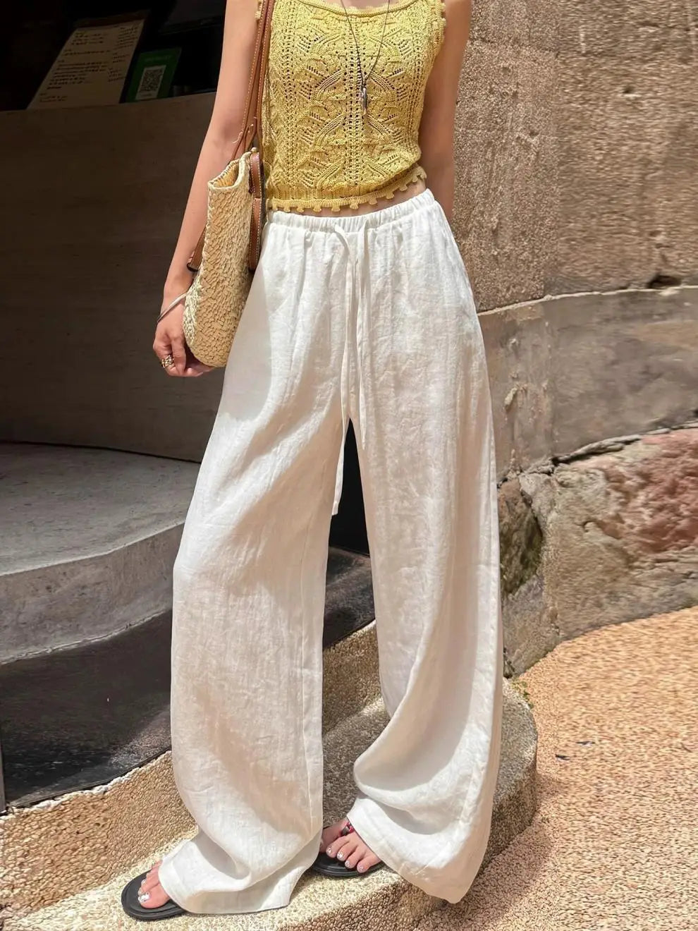 Pantalon ample en lin blanc à jambes larges avec taille à cordon, en tissu de lin respirant, pour un port décontracté confortable
