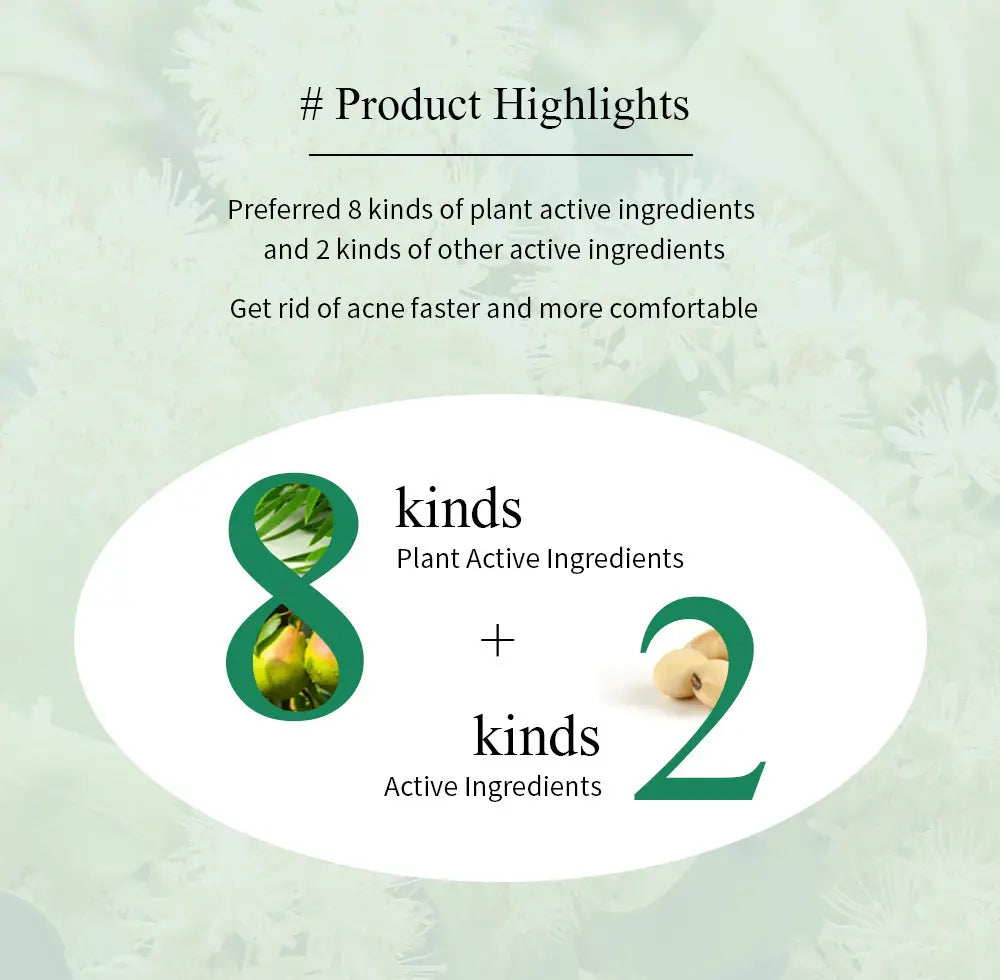 A green and white infographic for Tea Tree Acne Treatment Face and Neck Cream 20g highlighting eight plant active ingredients and two other active ingredients.