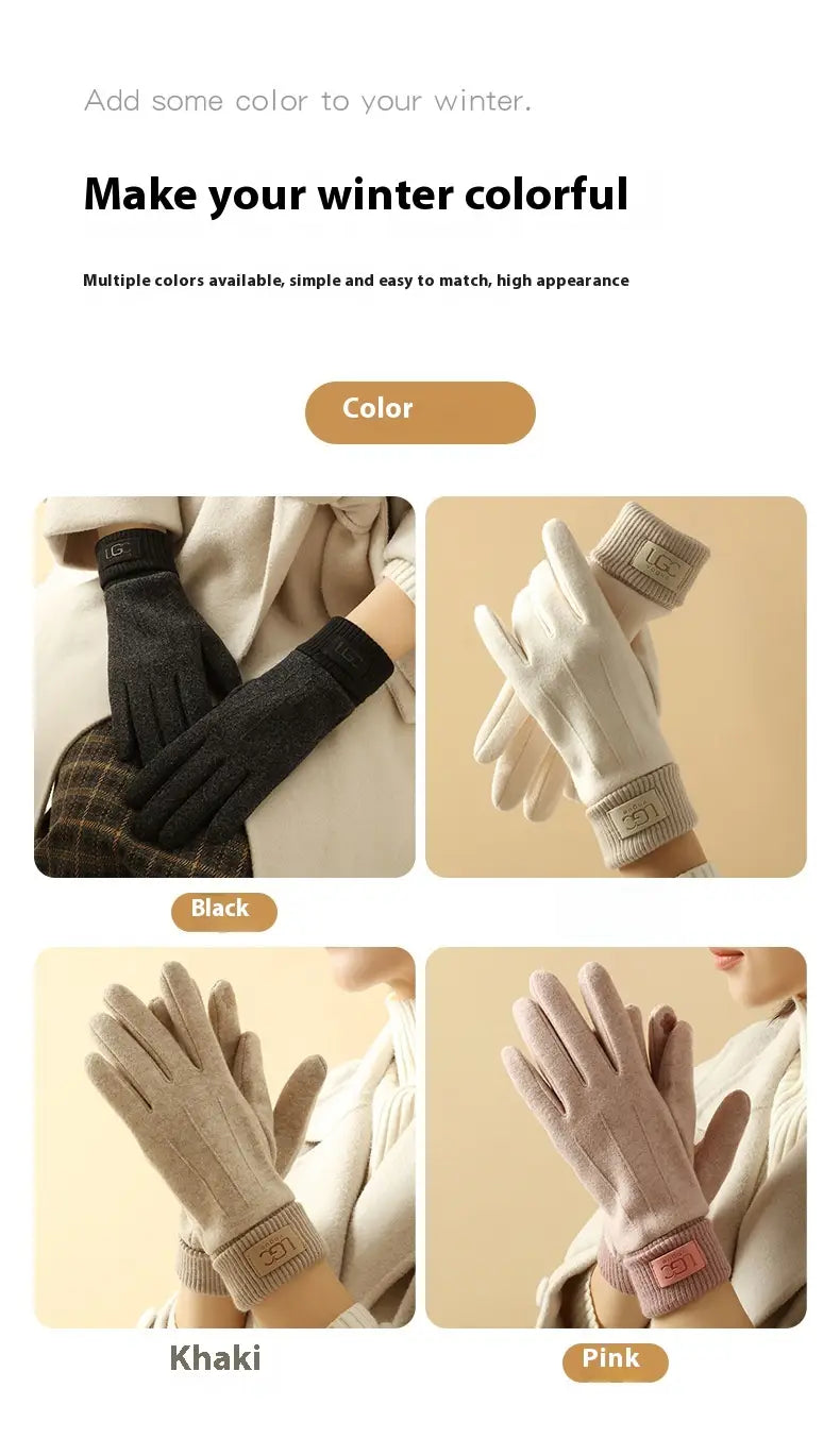 Schwarze Khaki- und rosafarbene gestrickte Kaschmir-Touchscreen-Winterhandschuhe für Damen mit gerippten Bündchen und dezentem Logopatch, von der Rückseite dargestellt