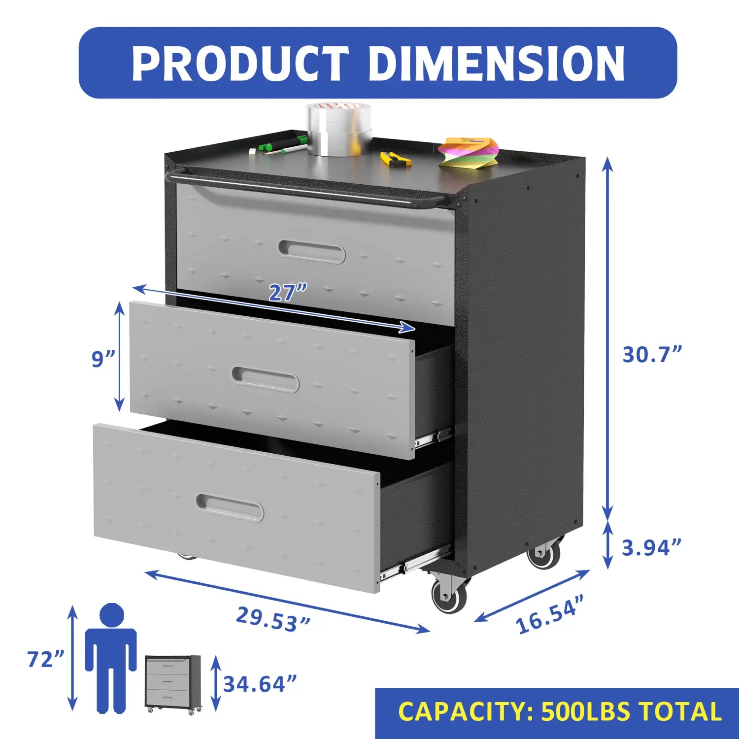 Carro de herramientas de metal de 3 cajones en negro y gris con ruedas para almacenamiento y organización móviles