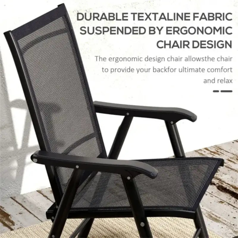 Lot de 4 chaises de patio pliantes ergonomiques noires pour l’extérieur, avec dossier et assise en maille de tissu textaline durable, soutenus par un élégant cadre métallique noir pour l’aménagement de patio.