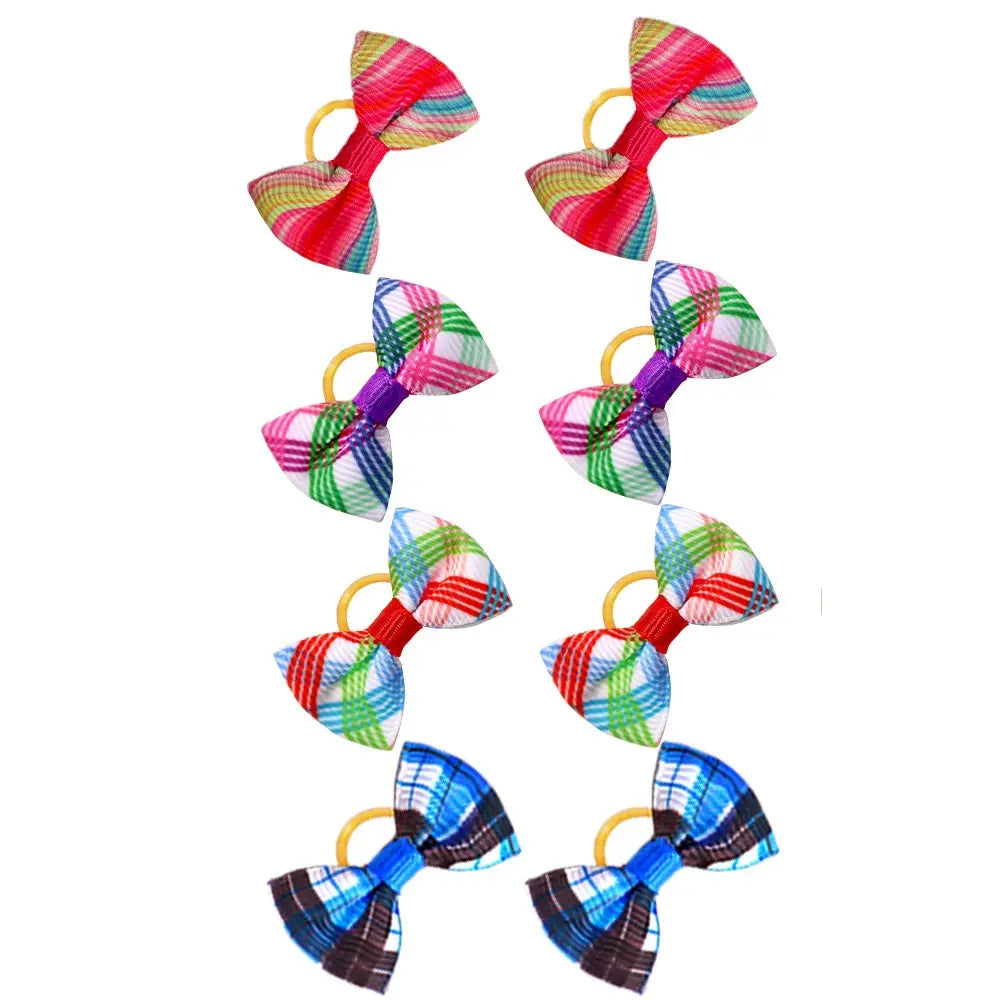 colorful plaid bow ties with yellow elastic loops designed as dog hair accessories for pets.