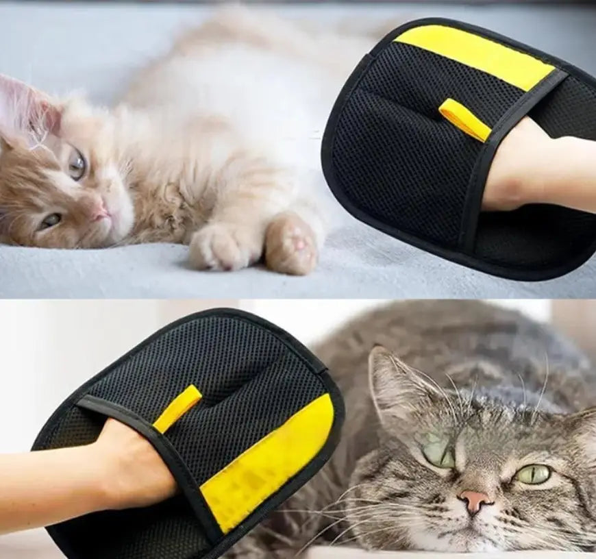 Black and yellow mesh cat hair removal grooming mitt with padded grip for pet fur removal.