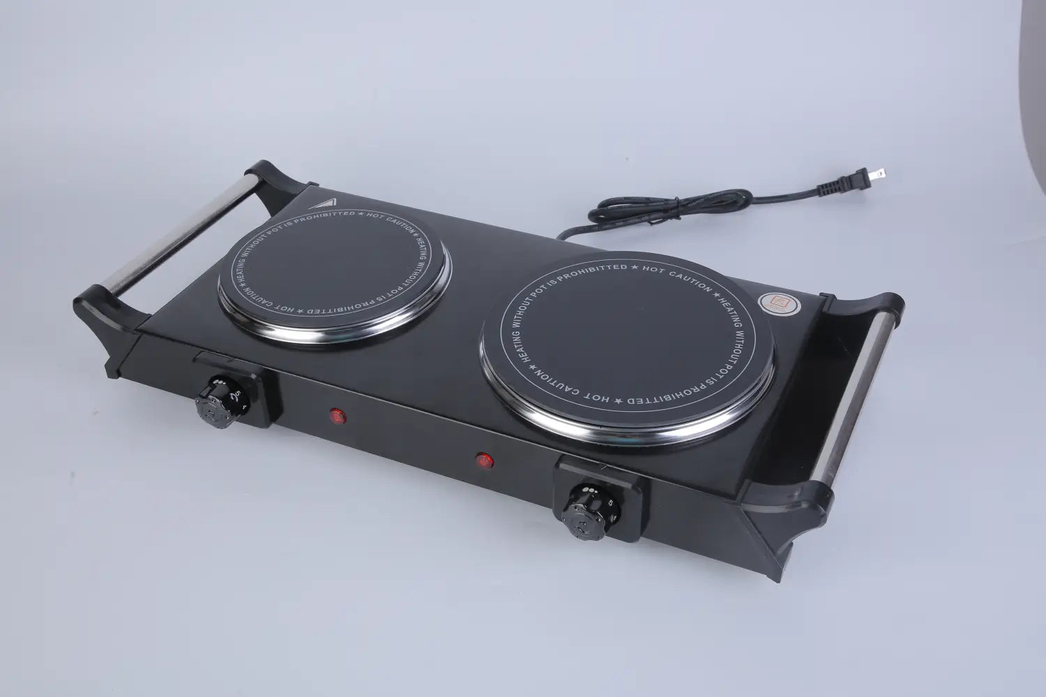 Black dual burner electric cooktop with silver-rimmed heating plates and side handles featuring 1800w portable infrared hot plate design.