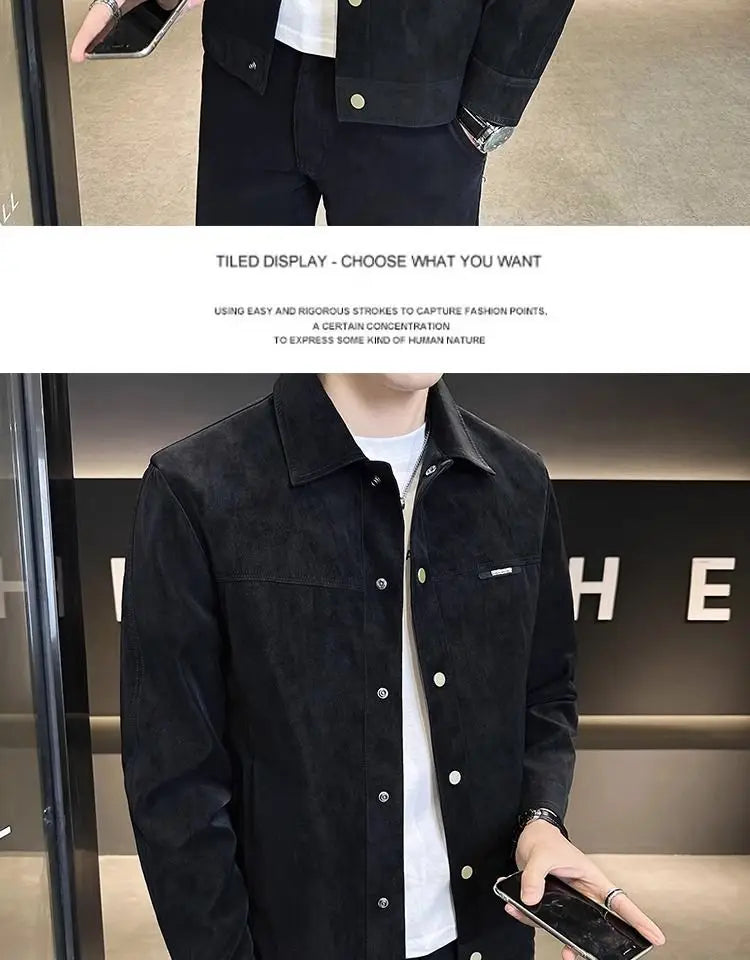 Men suede lapel spring jacket in black with silver buttons and a subtle textured finish.