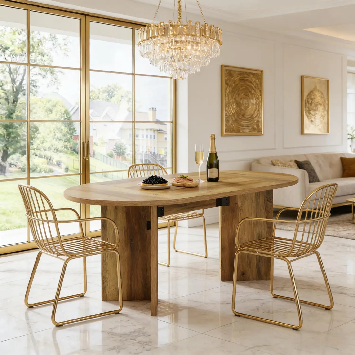 Chaises de salle à manger en structure filaire dorée au design moderne épuré et à la finition métallique polie, assorties à une table à manger en bois ovale de 63 pouces avec une base sur piédestal rustique