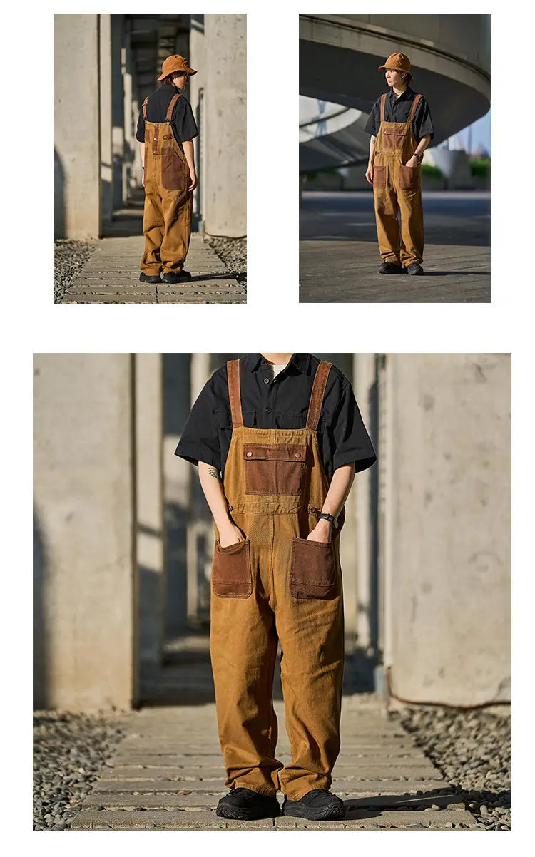 Khaki retro suspender overalls in tan and brown corduroy featuring reinforced patch pockets.
