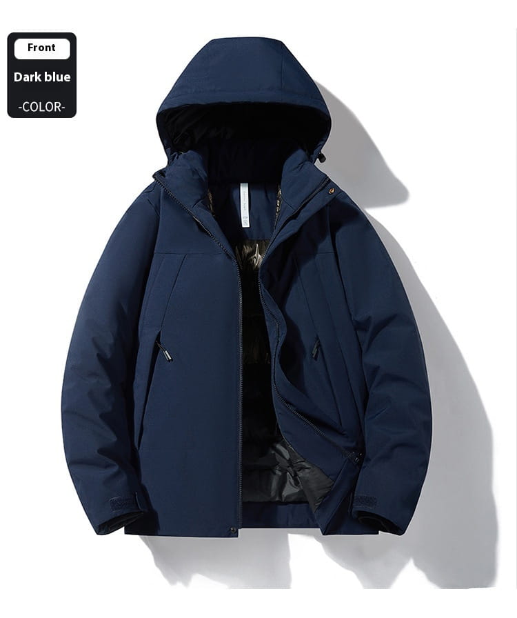 dark blue hooded windproof waterproof puffer jacket with a quilted design and black inner lining