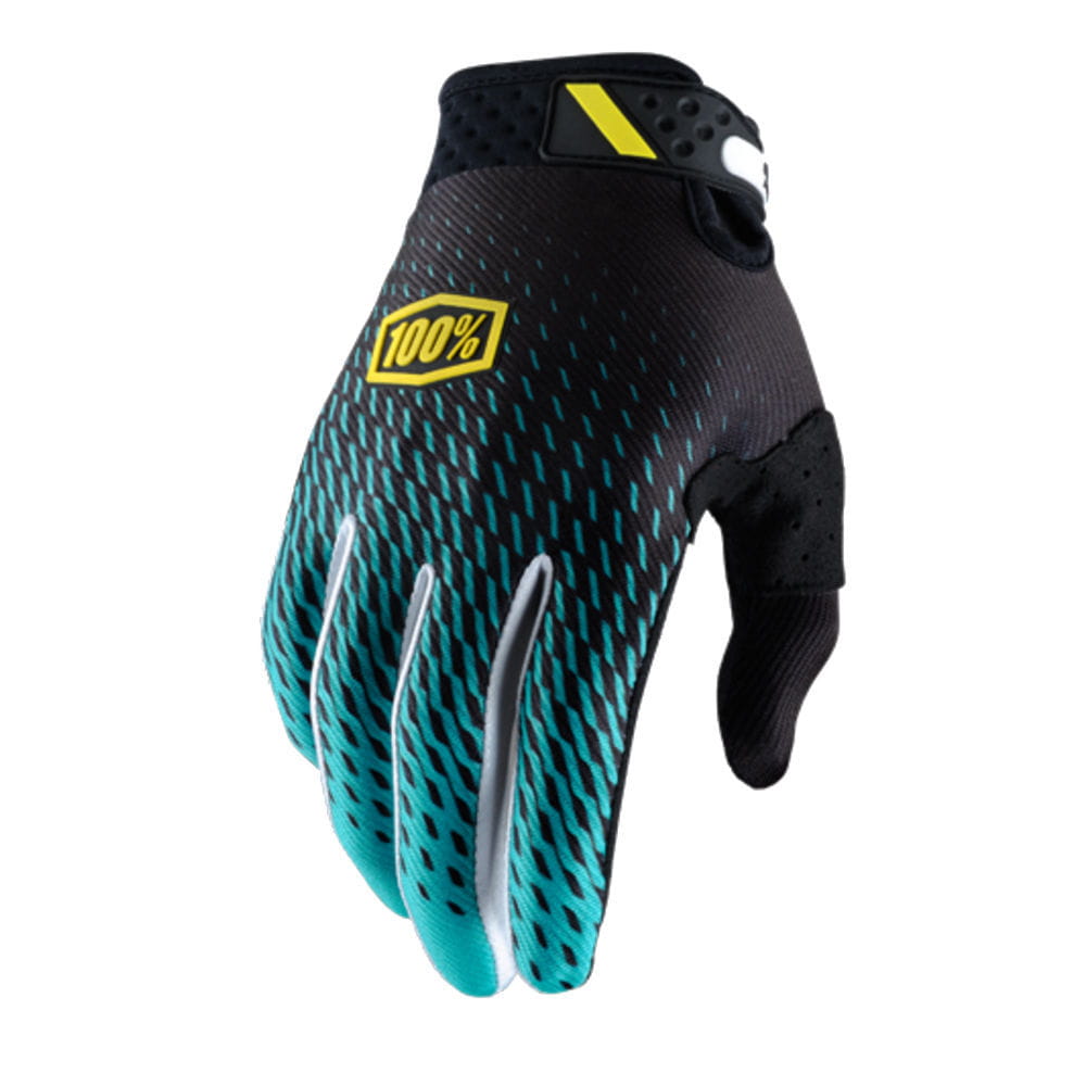 motorcycle riding gloves letter pattern breathable motocross gear showing the back side in black and teal gradient with a yellow 100% logo on the back of the hand.