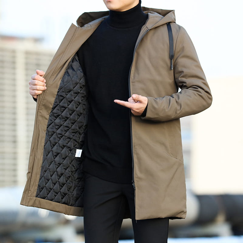 Men thick hooded winter jacket in brown with quilted black lining and a drawstring hood designed for cold weather.