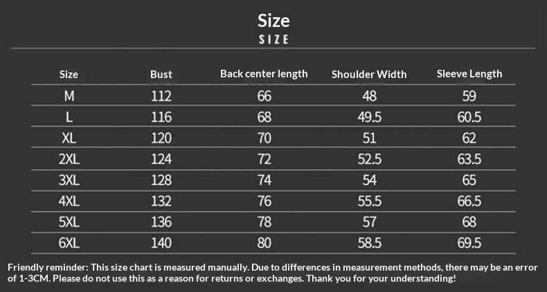 Tableau des tailles pour un haut pour femmes indiquant des mesures en centimètres de M à 6XL à côté d’une veste boutonnée en matelassé à empiècements doublée en polaire sherpa en velours côtelé pour homme.