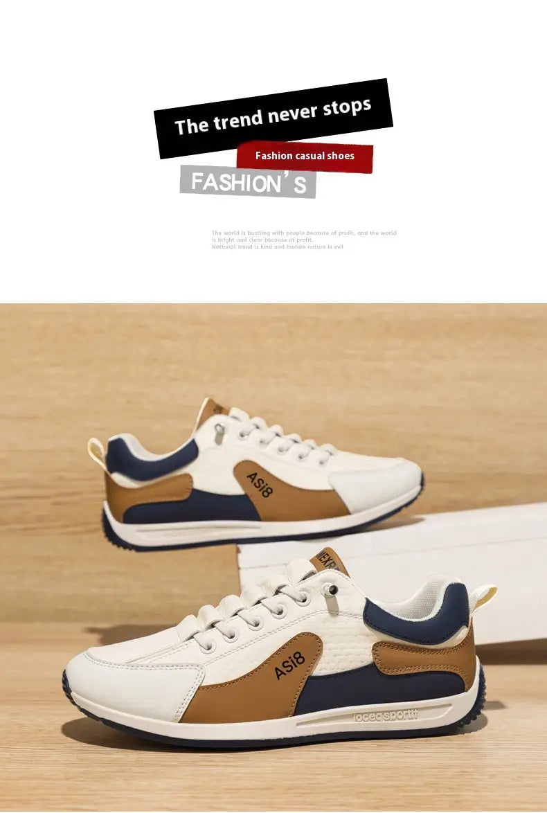 Men’s casual sports sneakers in white tan and navy blue featuring a sporty design with non-slip microfiber soles for everyday wear.