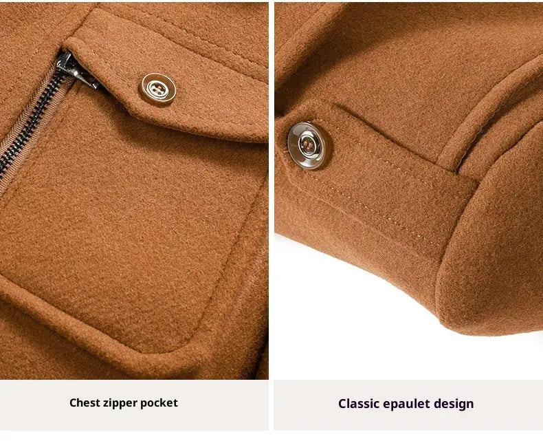 Mens wool overcoat double collar winter jacket in warm brown featuring a chest zipper pocket and classic epaulets with metallic buttons.