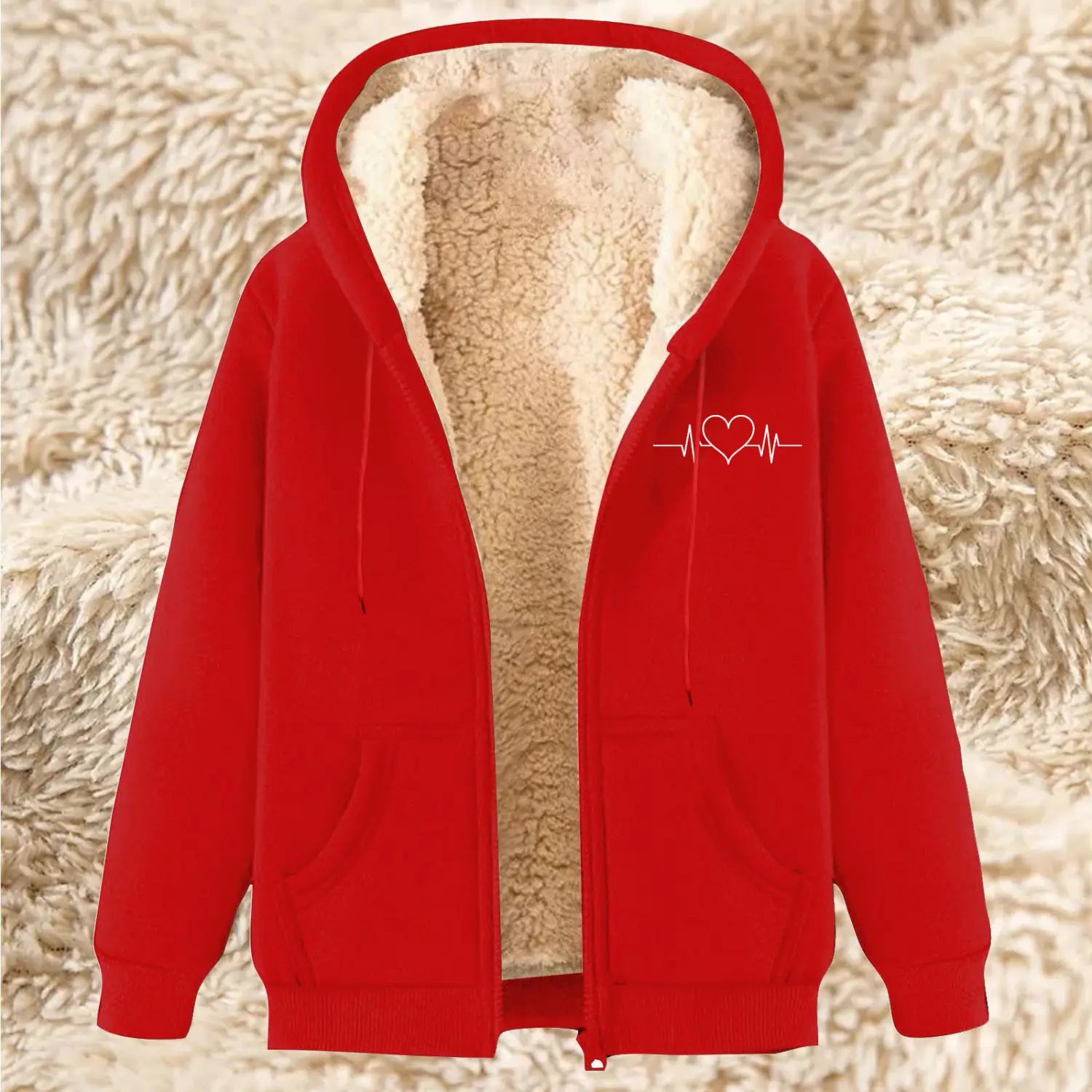 Men’s red zip-up winter fleece hoodie with a white heart-shaped heartbeat design on the chest and plush beige sherpa lining.