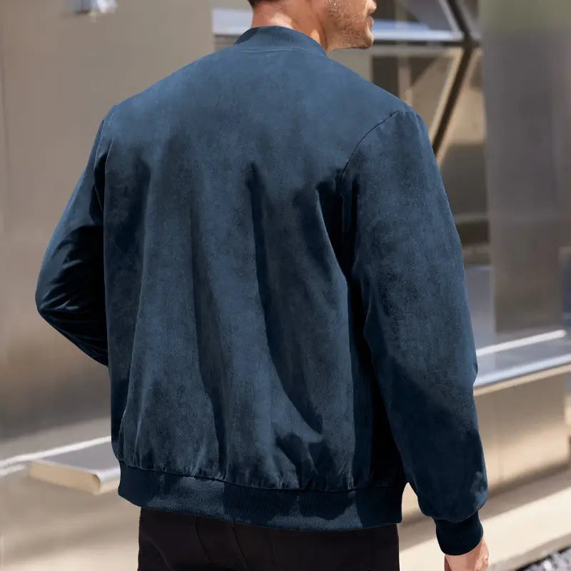 Men suede casual retro jacket in dark blue suede bomber style shown from the front.