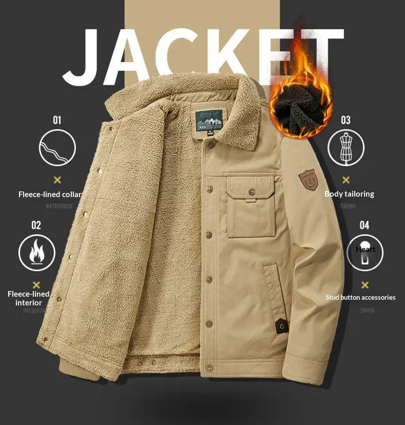 Veste boutonnée en matelassé à empiècements pour homme en velours côtelé beige doublée en polaire de laine d’agneau, col moelleux et coupe ajustée.