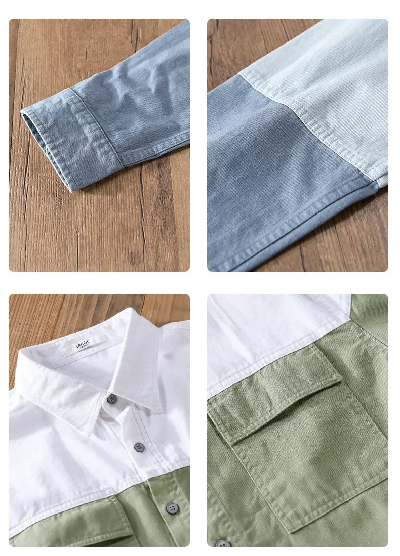 Farbblockartiges Langarm-Casualhemd aus Baumwolle mit einem stilvollen Zweifarben-Design, mit weißem Kragen, hellblauen Ärmeln, olivgrünen Front-/Körperpanels und passenden Knopfverschlüssen.