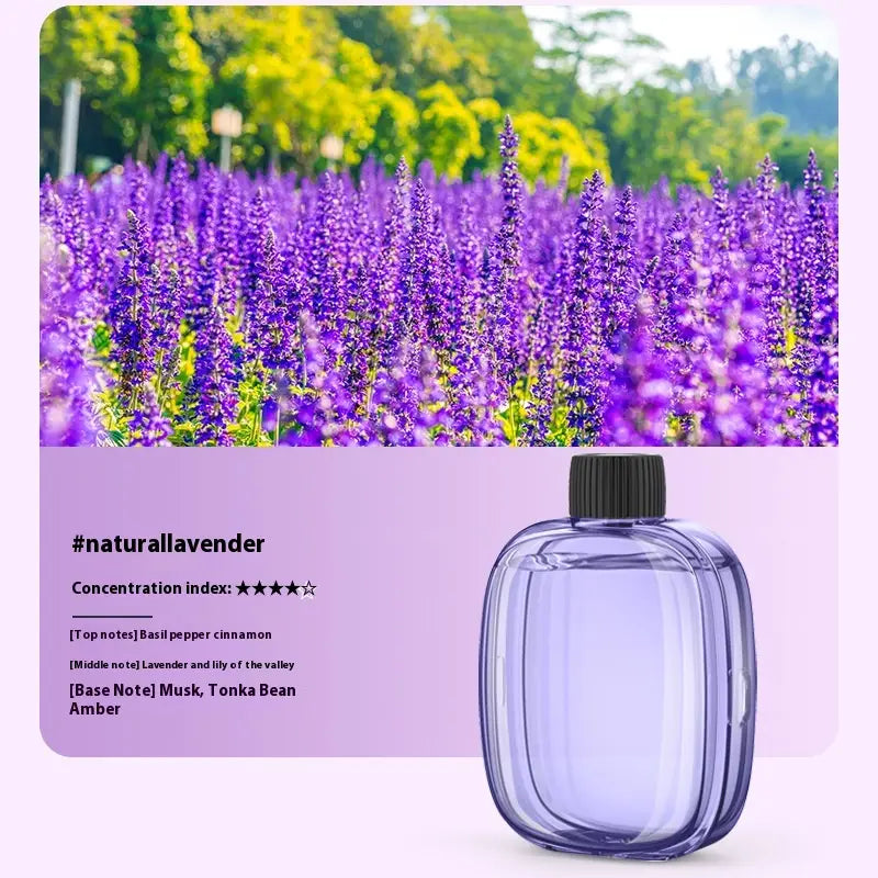 A translucent purple glass bottle with vertical ridges and a black cap containing lavender-scented essential oil refill for V01pro aroma diffuser 50ml.