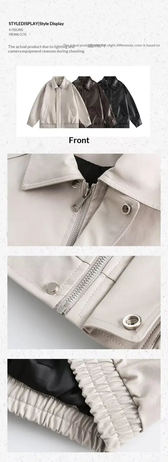 Men’s faux leather bomber jacket with a relaxed fit in matte beige finish featuring black inner lining and quilted cuffs.