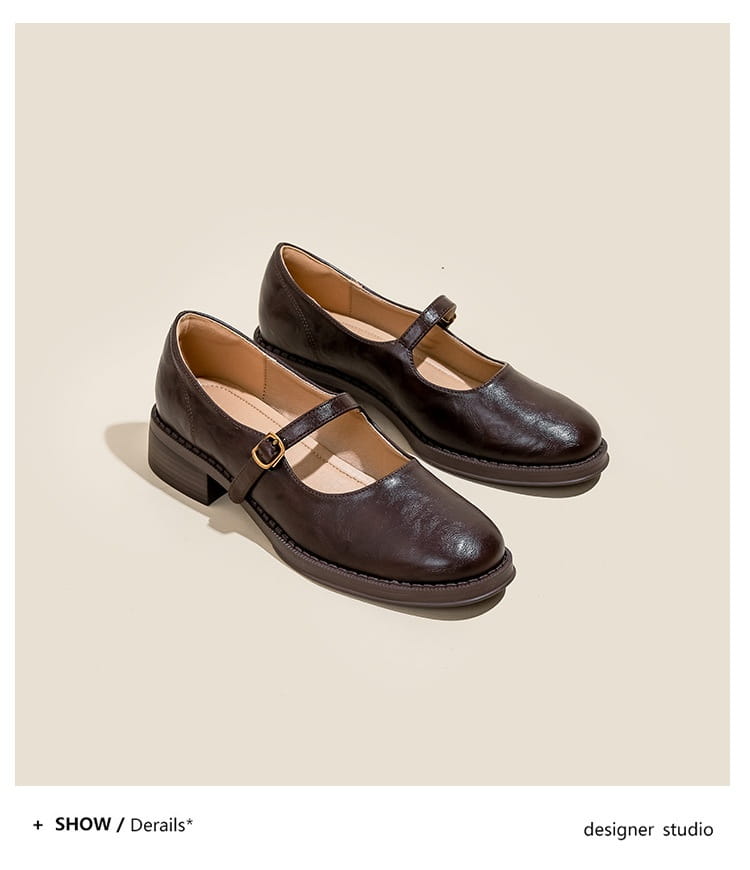 Dark brown leather mary jane shoes with a low block heel and gold toned buckle designed for elegant wear.