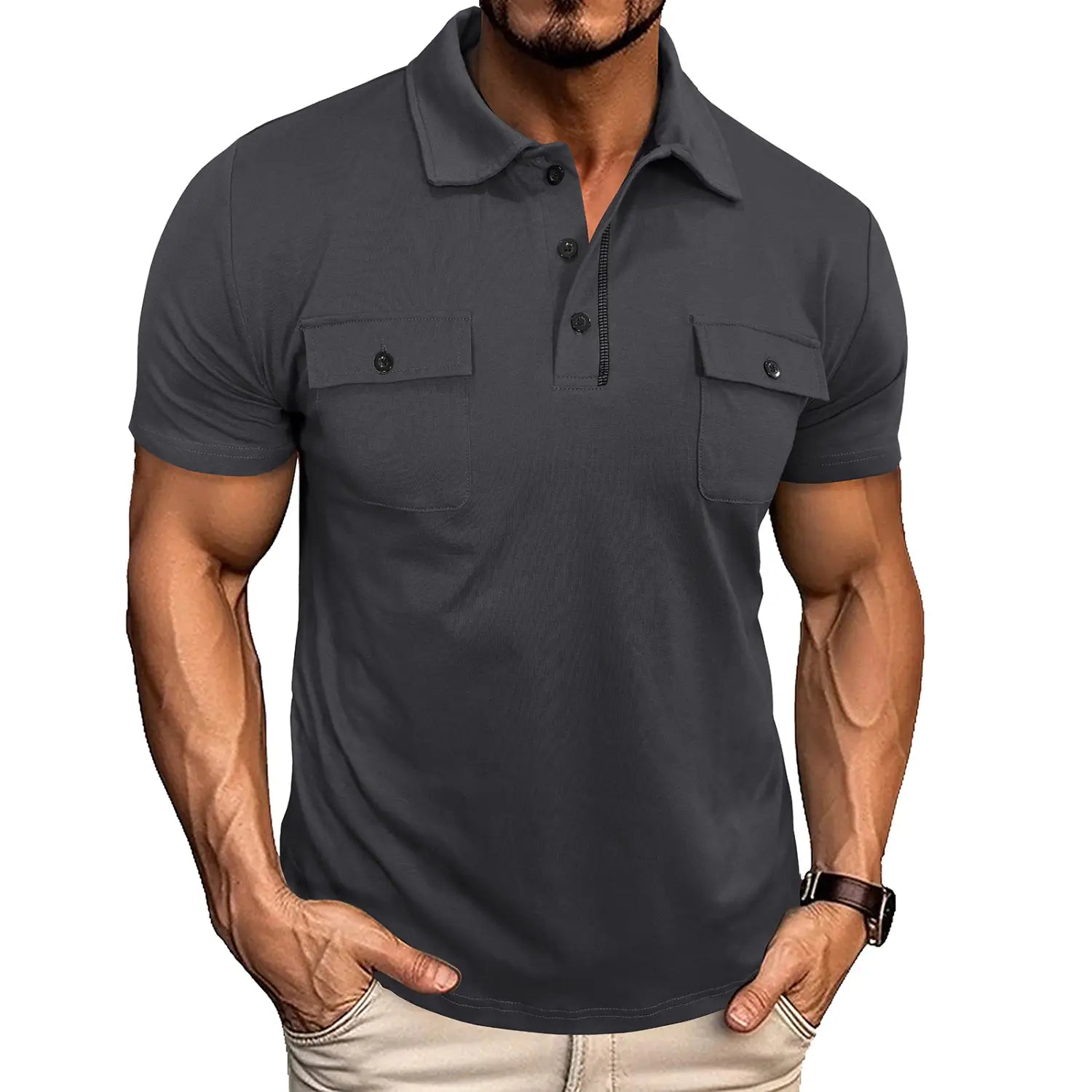 Men’s dark gray short sleeve cotton blend polo shirt with dual chest pockets and black buttons.