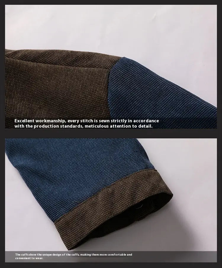 Les poignets de la veste matelassée pour hommes à col en daim sont réalisés à partir d’un assemblage de tissus en coton texturés bordeaux foncé et bleu marine, avec une couture précise pour une durabilité accrue.
