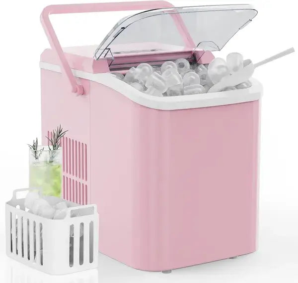 Portable ice maker 26lbs self cleaning bullet machine in pink with white accents and a clear lid filled with molded ice cubes.
